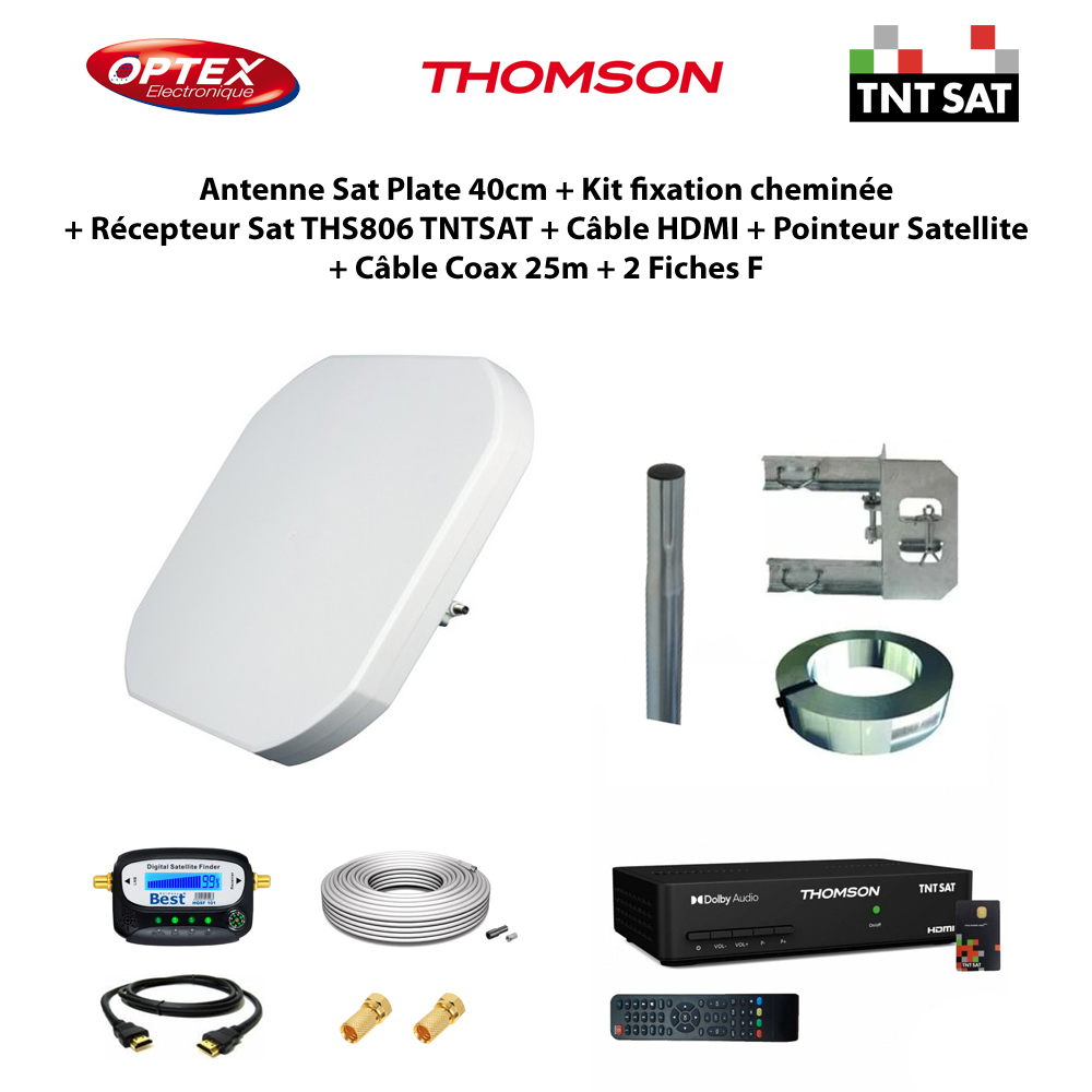 Antenne Sat Plate 40cm + Kit fixation cheminée + Récepteur Sat THS806 TNTSAT + Câble HDMI + Pointeur + Câble Coax 25m + 2 Fiches F